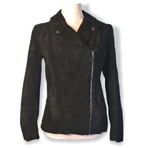 Isaac Mizrahi Black 100% Leather Diagonal Zip Fitted Moto Jacket Size 4